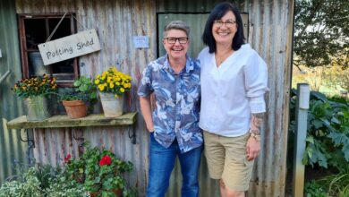 Tanya Visser and Izolda van der Merwe, in front of the potting shed in their Assagay garden, Garden 4 of the Indigenous Open Gardens.