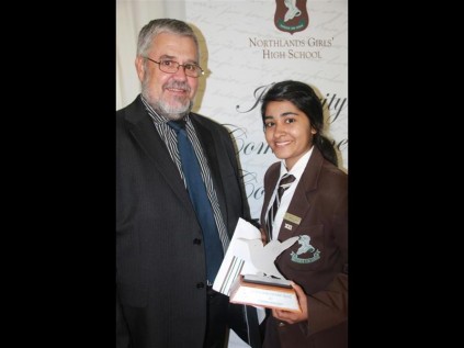 Patrick Macquet from Precision Engraving, the company who produces the NGHS trophies, with Nemisha Hiraman, who was a joint winner of the Phoenix Award for Perseverance. Patrick was the proud sponsor of the award.