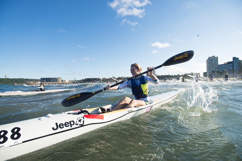 Michelle Burn (Fenn/Team Jeep) recovered from a poor start to win the women's race in the Bay Union Surfski Challenge, race five of the 2014 Varsity College Marine Surfski Series. PHOTO: Anthony Grote (Gameplan Media)