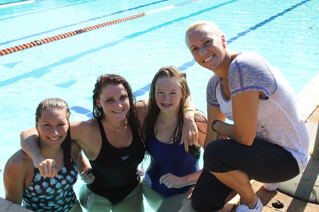 Mandy Loots is pictured alongside Emily Visagie (16), Tayla Lovemore (18) (middle) and Courtney Perrett (17) (left) , who made the finals at the recent South African Swimming Championships in Durban. Visagie won gold medals in the girls 16 years SA Champs in Cape Town in the 50m and 100m breaststroke and was second in the 200m breaststroke.