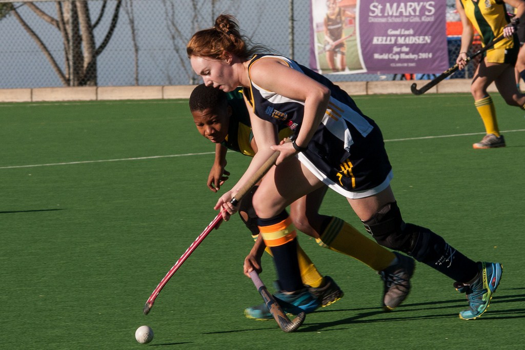 Two captains challenging each other. Empangeni High School's Anelma Wessels keeps possession under the careful eye of Danville Park Girls' High School's Nthabi Maine during the playoff of the SPAR KZN Regional Hockey Tournament held at St Mary's DSG recently. PHOTO: Sophie Thompson