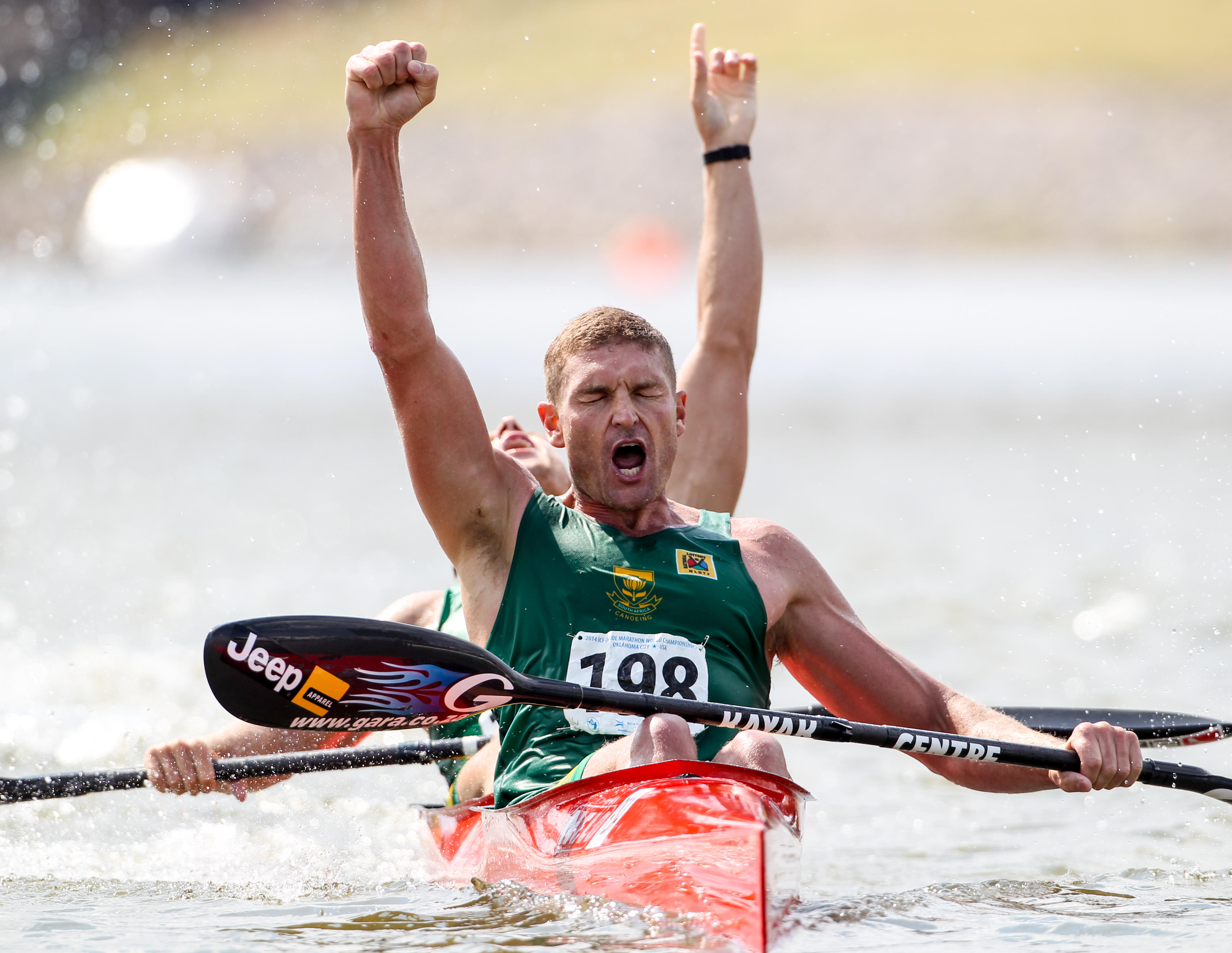 Hank McGregor and Jasper Mocké (back) cross the line to claim victory in the Senior men's K2 race at the ICF Canoe Marathon World Championships. The win made McGregor the first South African to clinch the elusive double of K1 and K2 titles at the same world championships. PHOTO: Balint Vekassy (Gameplan Media)