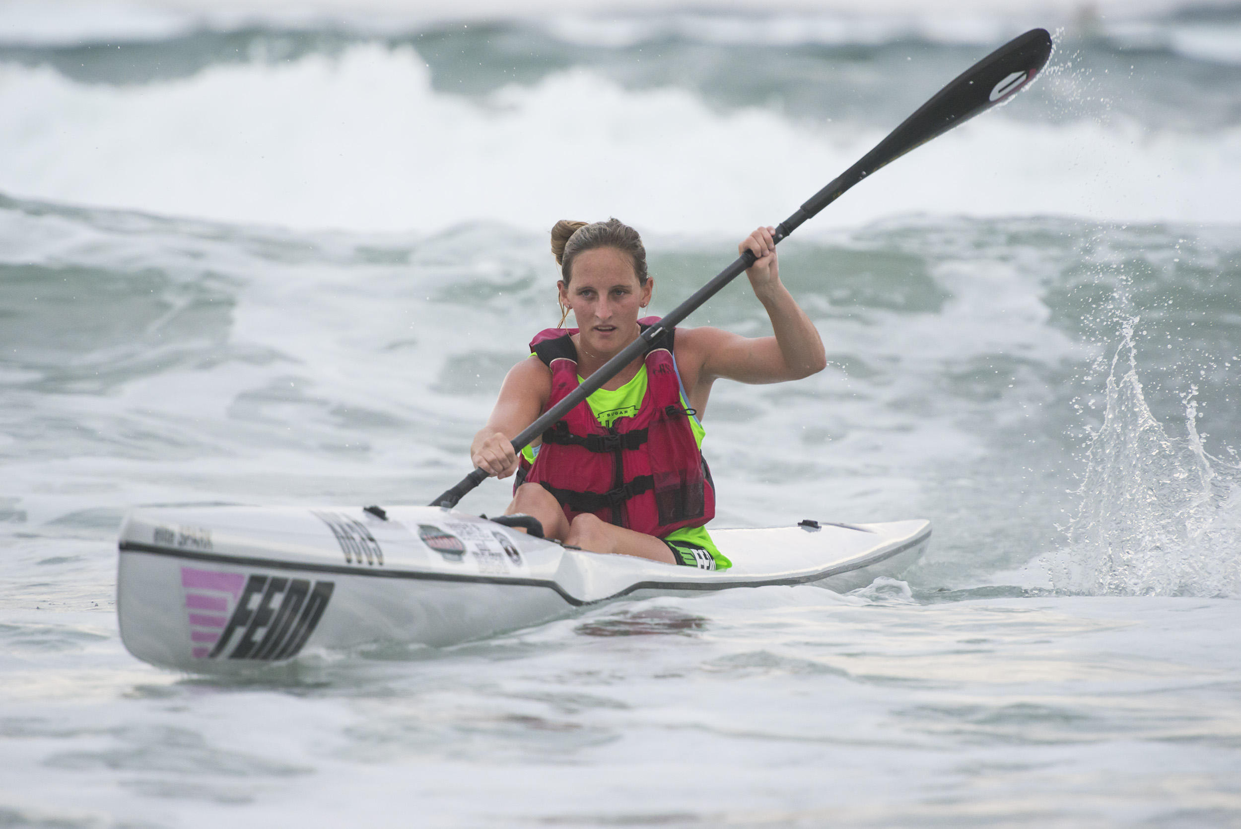 World U23 Canoe Marathon bronze medallist and Mt Edgecombe resident, Jenna Ward, had to play second fiddle to Nicole Russell in the women's race as she came second in race one of the 2014 Illovo Suncoast Pirates Wall and Back Surfski Series on Friday. PHOTO: Anthony Grote (Gameplan Media)