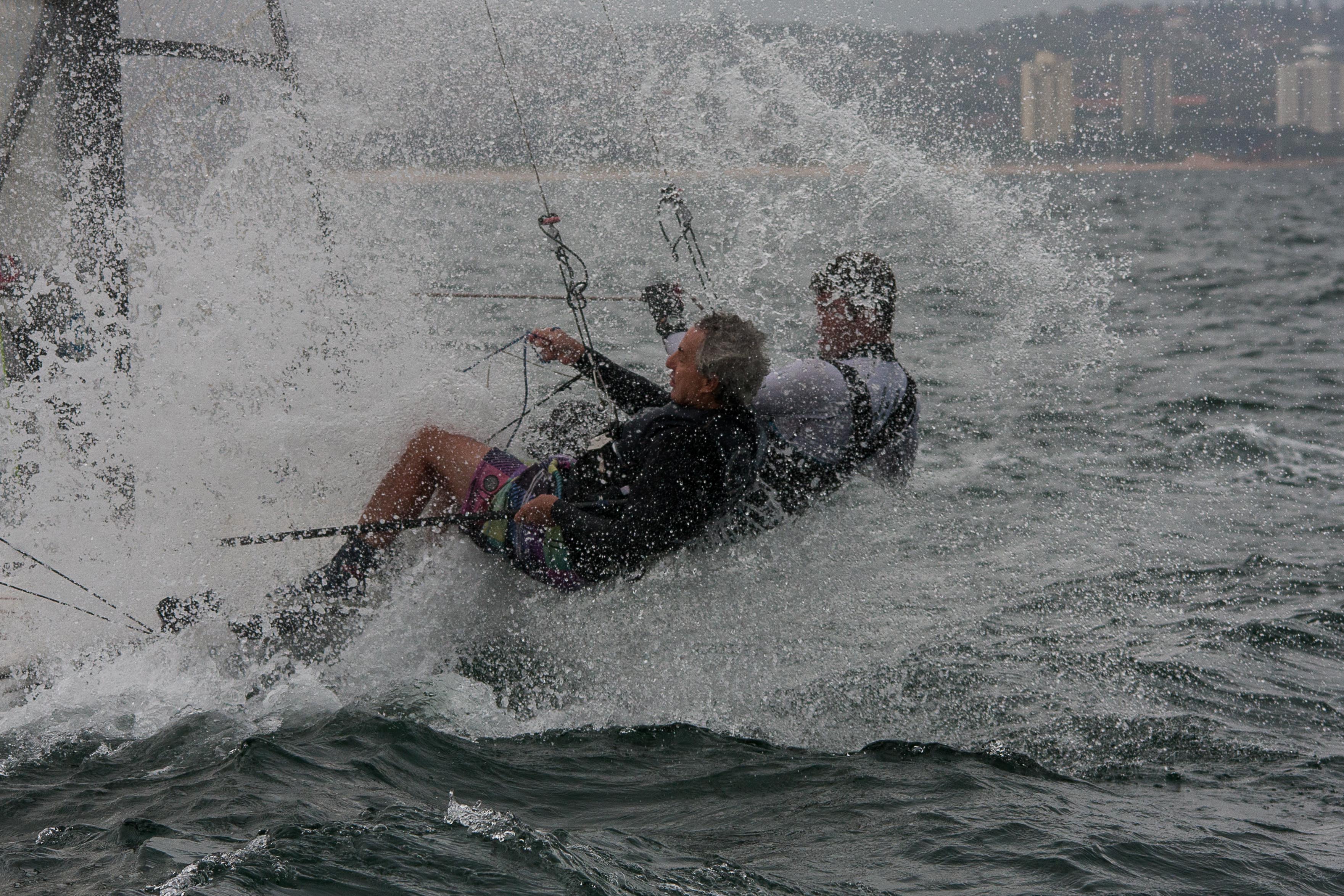 Powering through a wave, former Olympic athlete, Alec Lanham-Love from Durban North drives his 49er through a splashy wave with Glenwood’s Byron Watt holding onto the sheet as they participate in the Captains Challenge celebrating Hobie sailor, Aldino Gorlei’s 80th birthday offshore of Durban on Sunday. PHOTO: Sophie Thompson