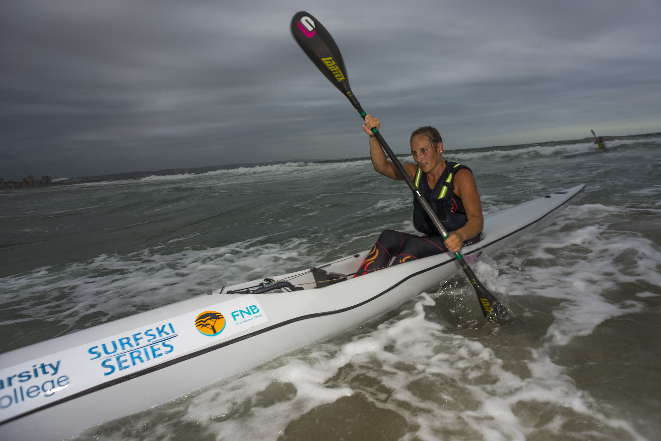 Mt Edgecombe's Jenna Ward was victorious in the women's race of the Thule Surfski Challenge, race four of the 2015 Varsity College FNB Marine Surfski Series. PHOTO: Anthony Grote (Gameplan Media)