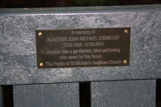 The plaque on the bench dedicated to Alastair Carnegie.