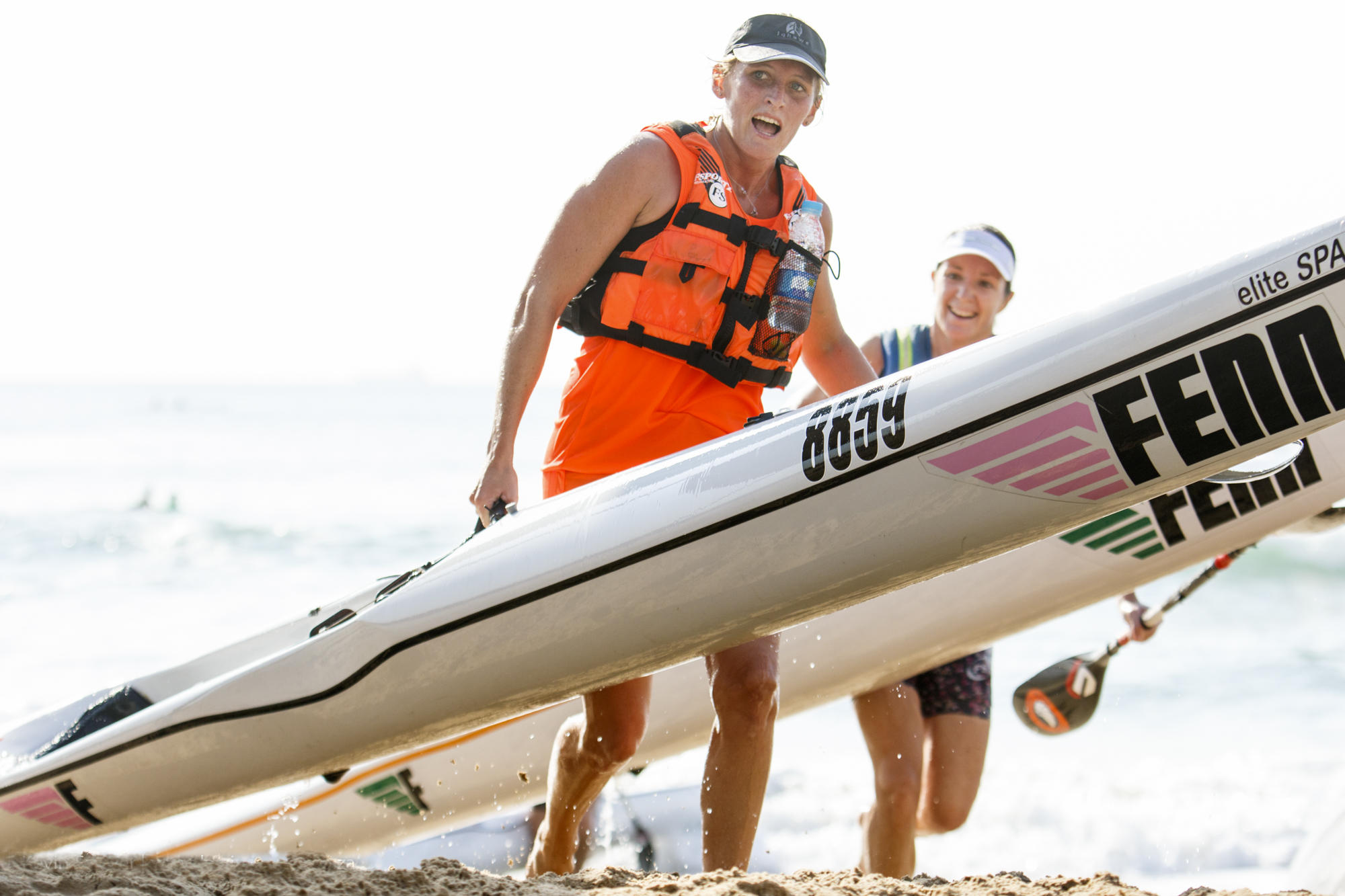 Mount Edgecombe's Jenna Ward won a thrilling four-ski dice to the beach to win the women's title in the Bay Union Dairy Challenge on Sunday, which formed the fourth leg of the popular Bay Union Surfski Series. PHOTO: Kevin Sawyer (Gameplan Media)