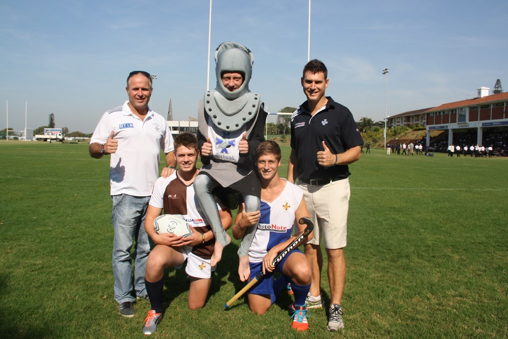 Northwood School coaches, Grant Bashford and Darren Gallagher, with first team captains, Keagan Sparks and Shane Bradbury, and school mascot, Matthew Bartle, are ready for the school's Old Boys' Day on 6 June.