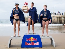 The winners podium (from left): Wade Krieger (second), Luke Nisbet (first) and Donald Brierley (third). PHOTO: Kevin Sawyer (Red Bull Content Pool)