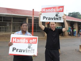 Dr Mags Moodley and James Wheeler were two of around 20 people who showed up to protest the NPA's fraud charges against Pravin Gordhan, Ivan Pillay and Oupa Magashula.