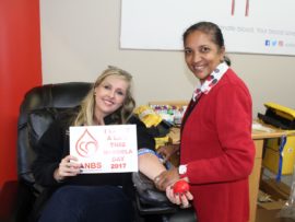 The Sunflower Fund's Mandy Bergsma with SANBS public relations officer, Jay Moodley.