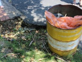 Residents have placed a bin in one of the sinkholes in the hope of warning other motorists using the road.