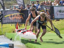 Dave Evans (back) and Hamish Mackenzie won the bronze medal in the Men's U18 K2 race. PHOTO: Anthony Grote (Gameplan Media)