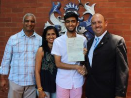 Kiaav Sunderlall achieving an outstanding 8 A’s. He is congratulated by his parents, Prathna Bhola, Navin Sunderlall and Northwood School principal, Paul Viljoen.