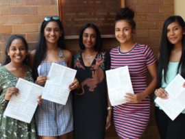Principal, Roshni Moonsamy with Kiara Ashikumar(7As), Nichola Pennington(5As), Bianca singh (6As) and Nikita Naidoo (5As)