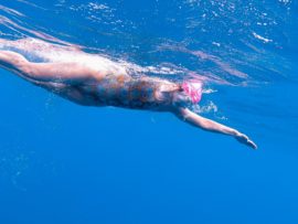 Sarah Ferguson swam 39.46 miles (63.5 kilometers) continuously over a duration of 19 hours and 8 minutes, in the process becoming the first person to swim around Easter Island. PHOTO: Plastic Oceans International.