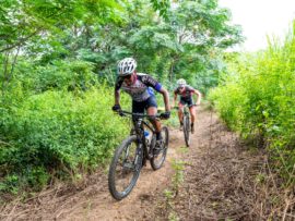 In an intense fight, it was Cayde Muldoon (back) who beat Mboneni Ngcobo (front) to the men's title in the 55km Cyclo-Cross race. PHOTO: Anthony Grote (Gameplan Media)