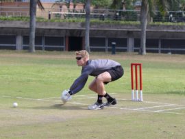 Hollywoodbets Dolphins player, Grant Roelofson, attempts a shot in the friendly game against the KZN Blind Cricket team. The Dolphins players were given specialist blackout glasses to level the playing field.