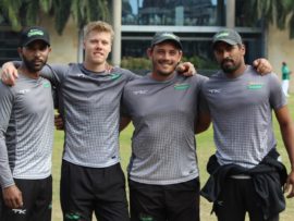 Hollywoodbets Dolphins players, Cody Chetty, Grant Roelofson, Vaughn van Jaarsveld and Prenelan Subrayen.