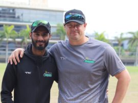 Imraan Khan (Dolphins head coach) with Dolphins all-rounder Robbie Frylink.