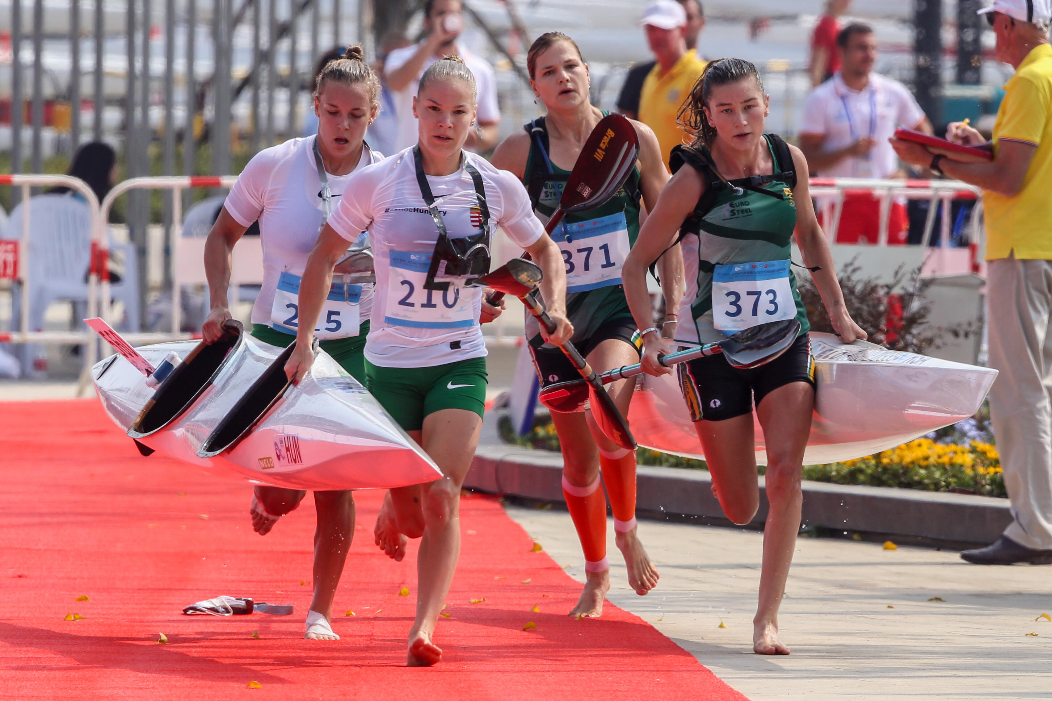 It was a solid performance from Christie Mackenzie (right) and Bridgitte Hartley (left) as they finished fourth in the women's K2 race at the 2019 ICF Canoe Marathon World Championships in Shaoxing, China on Sunday. PHOTO: Bence Vekassy (Gameplan Media)