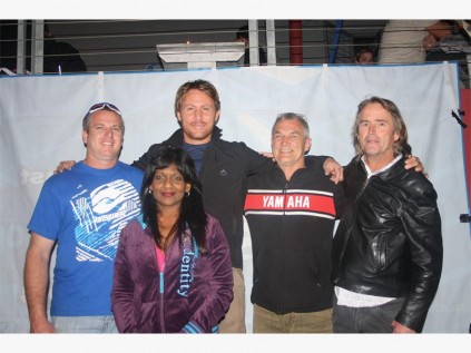 Rubbing shoulders with South African Idol 2009 Jason Hartman (back, second from left) are Ronald Tarboton (left), fellow rider Dave Estment and Guy Spiller, with Julie Naidoo in front..