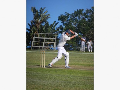 Creston College’s 1st XI batsman, Jordan Seymour, on the front foot against Southcity.