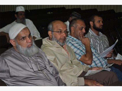 Listening carefully are (from left) Ismail Moola, Dr Ayoob Bux, Ismail Asmal and Dr Irshaad Khan, at a public meeting held at the civic centre on Tuesday.