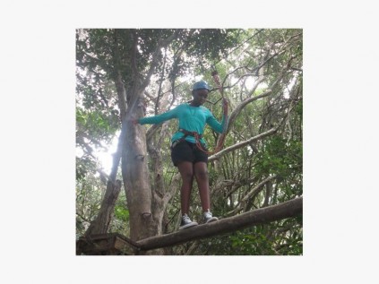 Carefully ‘walking the plank’ is Port Edward Primary’s Lusanda Swana at Sweetdale Camp recently.