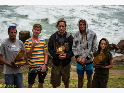 Rory Fellow-Smith (left), with Dane Klusener, Morgan Philips, Wesley Coetzee and Alex Nutt after taking part in the SKZN annual bodyboarding championships at Margate last Sunday. Photograph by Brendon van Rooyen.