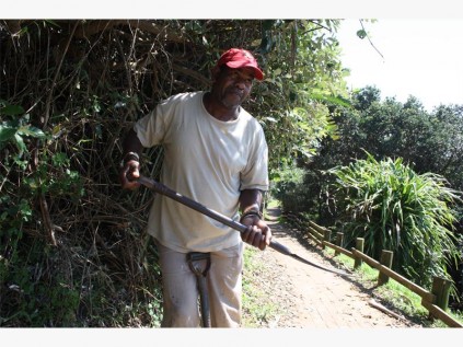 Edward Makhanya, who is part of Suntide Beach Club's maintenance team, trims back overgrown vegetation.