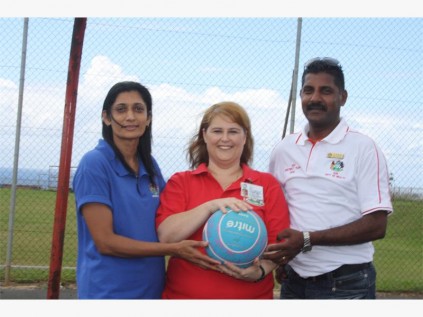  Ready for a game of volleyball are (from left) Ruth Naidu, Desiree du Randt and Colin Govender.