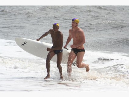 Sbu Shinga (left) and Geordie Simpkins are in top form during the board rescue event.