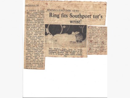 As this press cutting shows, Mallory Pugin was so tiny at birth that she could wear her father's ring as a bangle.