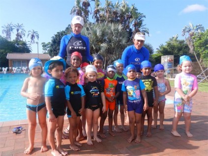  Creston College pre-primary pupils (gr 000) at their first 'learn to swim' lesson with coaches Debbie Bombardierie (back left) and Thea Thomas instructing.