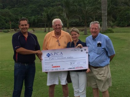 Ken Robinson (second left) of Leisure Brands hands over a cheque for R40 000 to Lower South Coast SPCA manager Michael Miller (left) and Tsara Tickton (operations manager) after the Grand Slam Classic golf day.