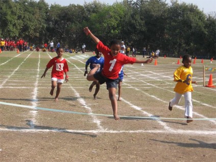 Racing to the end in the girl’s 60m sprint is PSP athlete number 1, Amandla Nombida, followed closely by number 6, Sibahle Dlamini and number 2, Tia Reddy.