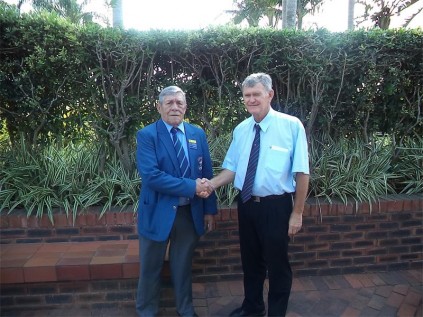 The Sages Lower South Coast club championships were held over two days, with the first day being held at Port Shepstone Country Club and the final day at Margate Country Club, with 31 players competing on each day. The winner of the championships on a score of 160 was Greg Hornby (right), pictured being congratulated by chairman Piet Ludick. SUBMITTED