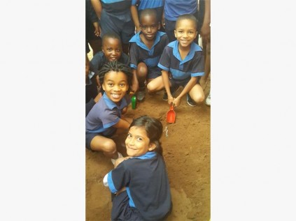 PSJP pupils (from the front) Mahdiya Dada, Sibusisiwe Msimanga, Christian Phiri, Phiwokuhle Khuboni and Jardel Faro dig with anticipation to find what lies beneath.