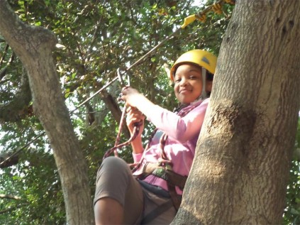 Gr 7 pupil Lungile Lukhozi prepares to tackle the ziplines.