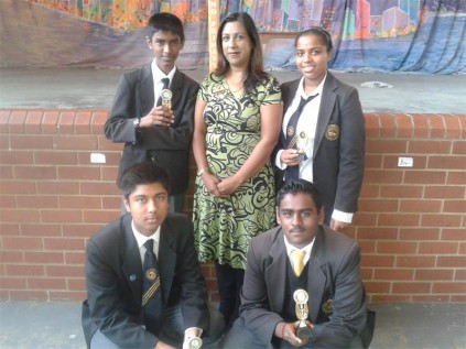 Pupils (back, from left) Sachin Sookoo, teacher Meera Rampal, Lalita Mpofana, (front) Tharish Ravin Ranjit and Mishen Govender all did exceptionally well at the Eskom Science Expo in Harding recently.