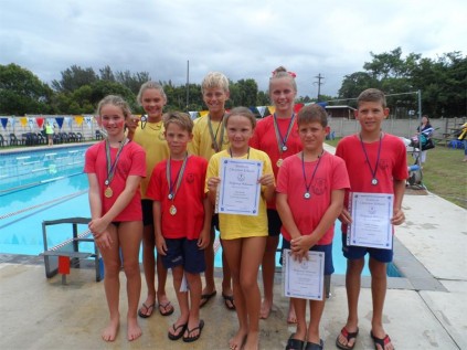 Southcity preparatory swimmers (back, from left) Hannah Scott, Gareth Pieterse (senior victor ludorum), Sarah-Joy Pringle(senior victrix ludorum), Waldo Schoeman, (front) Ella Drummond (junior victrix ludorum), Kai Molyneux (junior victor ludorum), Amy Botha and Erik Schoeman reaped rewards at last week's interhouse gala.