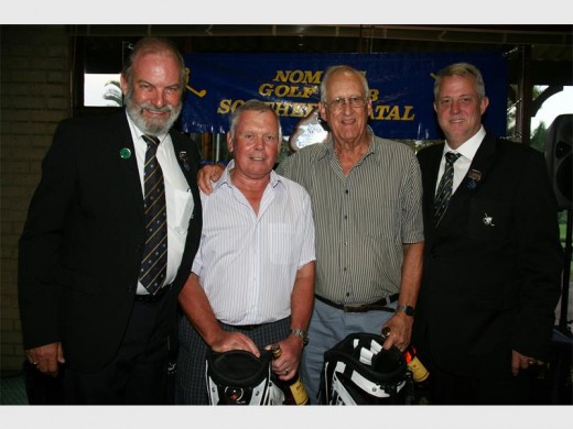 Well played: Margate Country Club chairman John Webster (left) and Southern Natal Nomads captain Jimmy Reid (right) congratulate the winners of the Andrew Mentis tournament played at Margate CC last Saturday, namely Mike Williams and Thys Bothma.