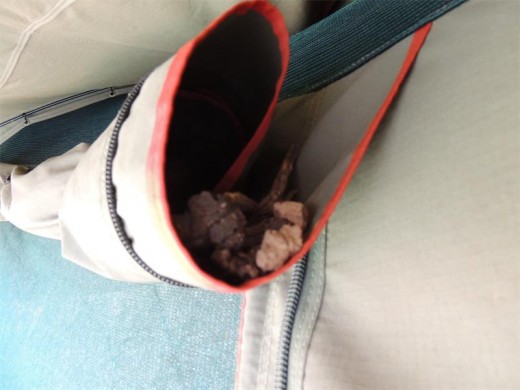 A would-be nest in our rolled up tent flap.