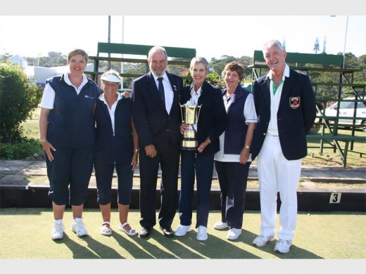 'Four of a Kind': Taking the laurels at Margate Week are (from left) Colleen Piketh, Ellen Cawker, John Webster (sponsor, Hibiscus Retirement Villages), Jessica Henderson, Brenda Webb and Derek McKechnie (Margate BC president).