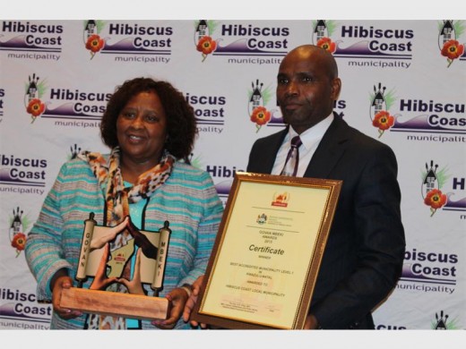 The Hibiscus Coast Municipality received an award for the Best Accredited Municipality Level 1. HCM mayor Cynthia Mqwebu and municipal manager Max Mbili display the municipality's award.