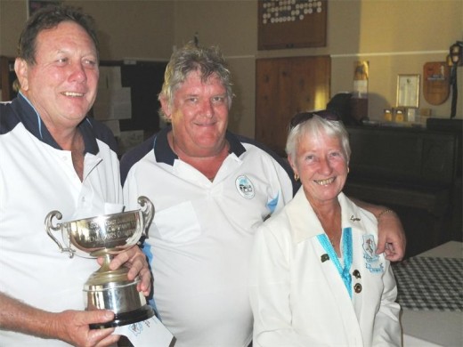 Held their nerve: Winning the KBA Men's Pairs are Riverside's Graham Dunlop (left) and Dave Barber. With them is KBA president Lynne Bamber.