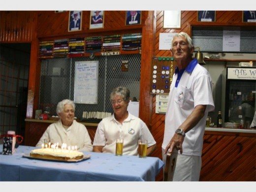 Evergreen: Munster BC president Cliff Moakes and his wife Margaret wish Theresa McPherson a happy 101st birthday at the club recently.