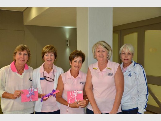 Pink delight: The Senior Women Golfers Lower South Coast held their open day at San Lameer CC last week, with 96 women playing. Proceeds went to the Flower Foundation in Port Shepstone. Captain Linda Rybicki (second right) congratulates the winners (from left) Di Morris, Sandi Fitzgerald, Geraldine Treherne and Eileen Neilsen. They each received a gift voucher from Holster Shoes in Southbroom to the value of R1 500.