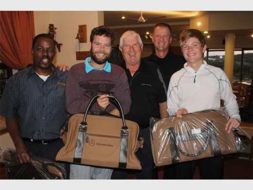 Play-off champions: Tony Westoby (middle) of Union Motors congratulates the winners of the Union Motors Open Day Shootout at Southbroom Golf Club last Friday, (from left) Robert Sikobi (ghost), Ross McKay, Pieter Els and his son Jean-Henri.